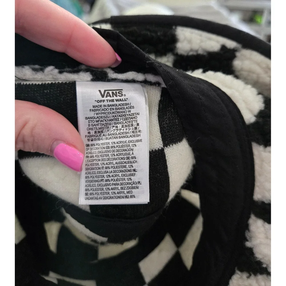 Vans Checkerboard Sherpa Bucket Hat Black White Fleece Streetwear Logo Accessory